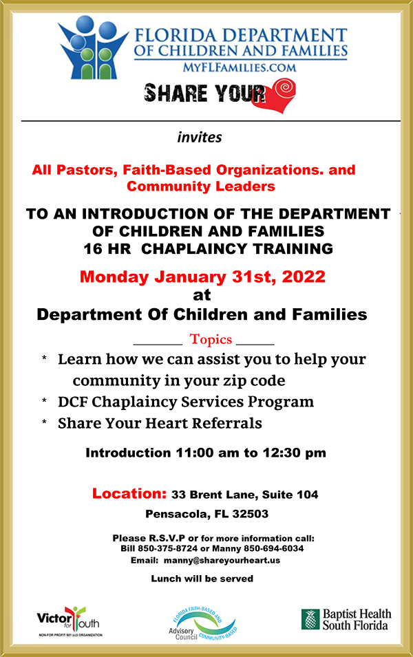 Intro of DCF 16 HR Chaplaincy Training (Pensacola) @ Department Of Children and Families Pensacola | Pensacola | Florida | United States